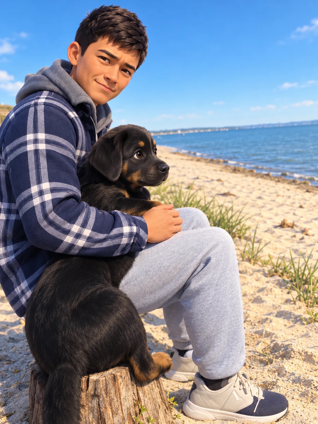 Animated portrait of Johan on a beach, holding a puppy in his lap