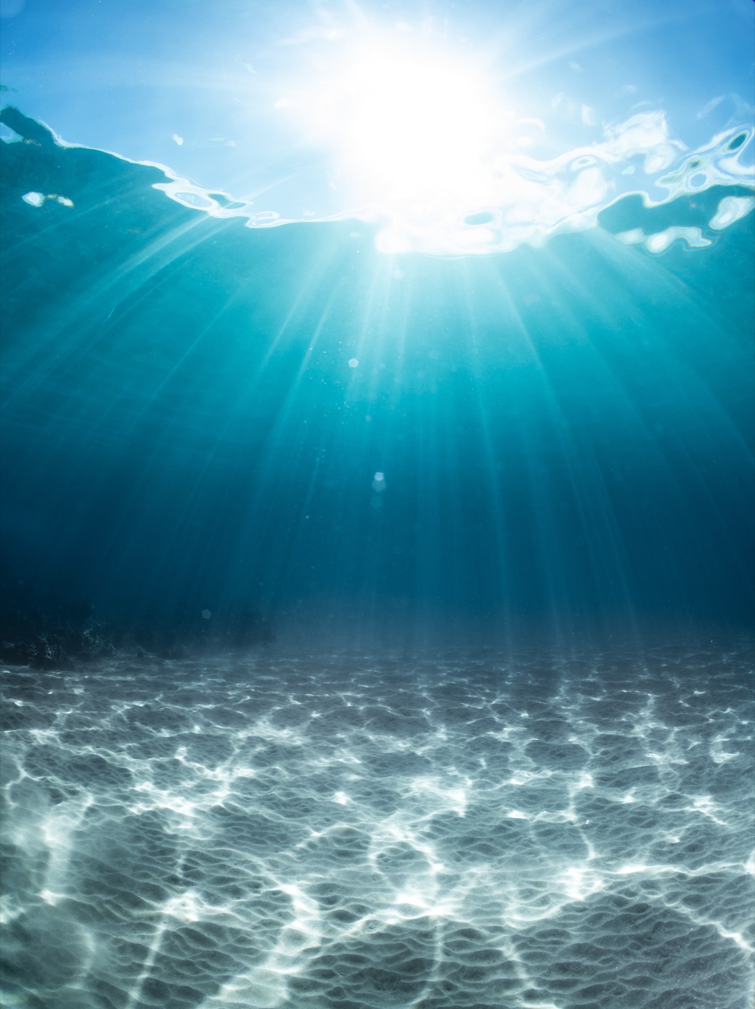 Sunlight streaming down through clear water onto a sandy seabed